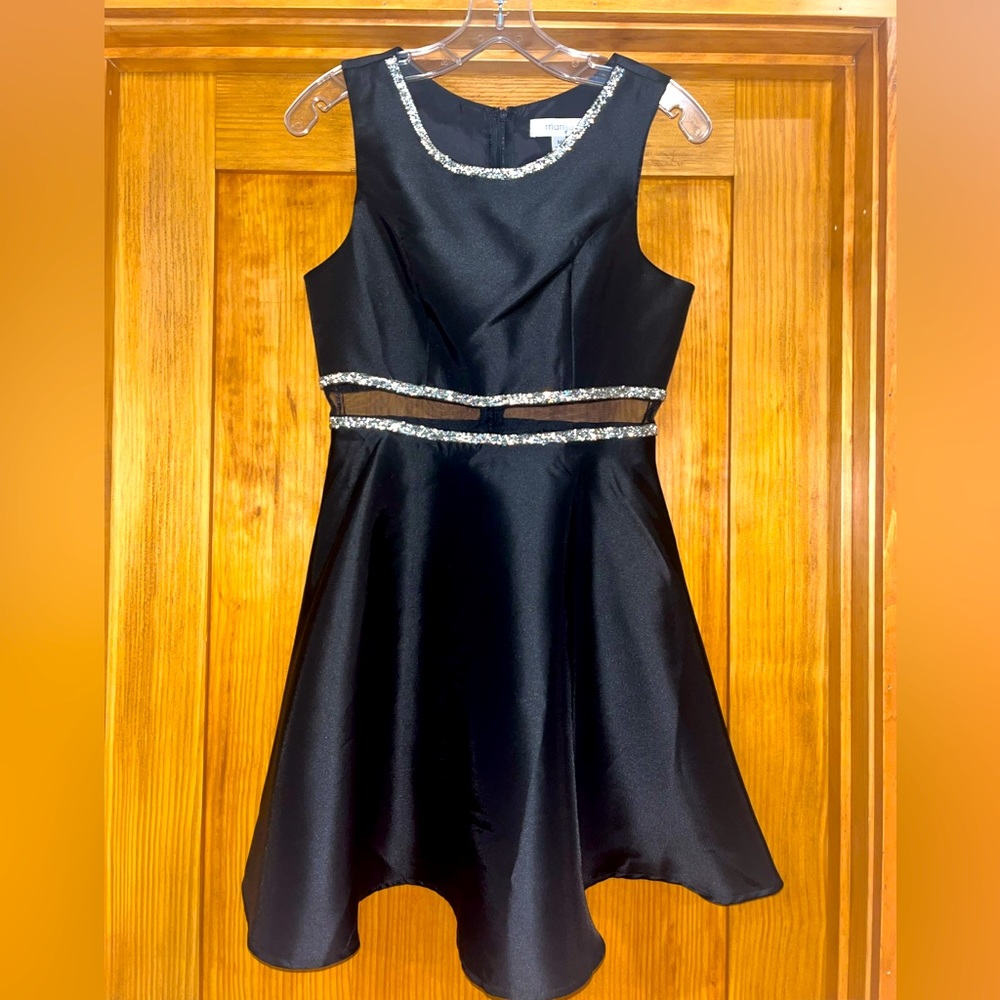 Black and silver cocktail dress with mesh detailing
